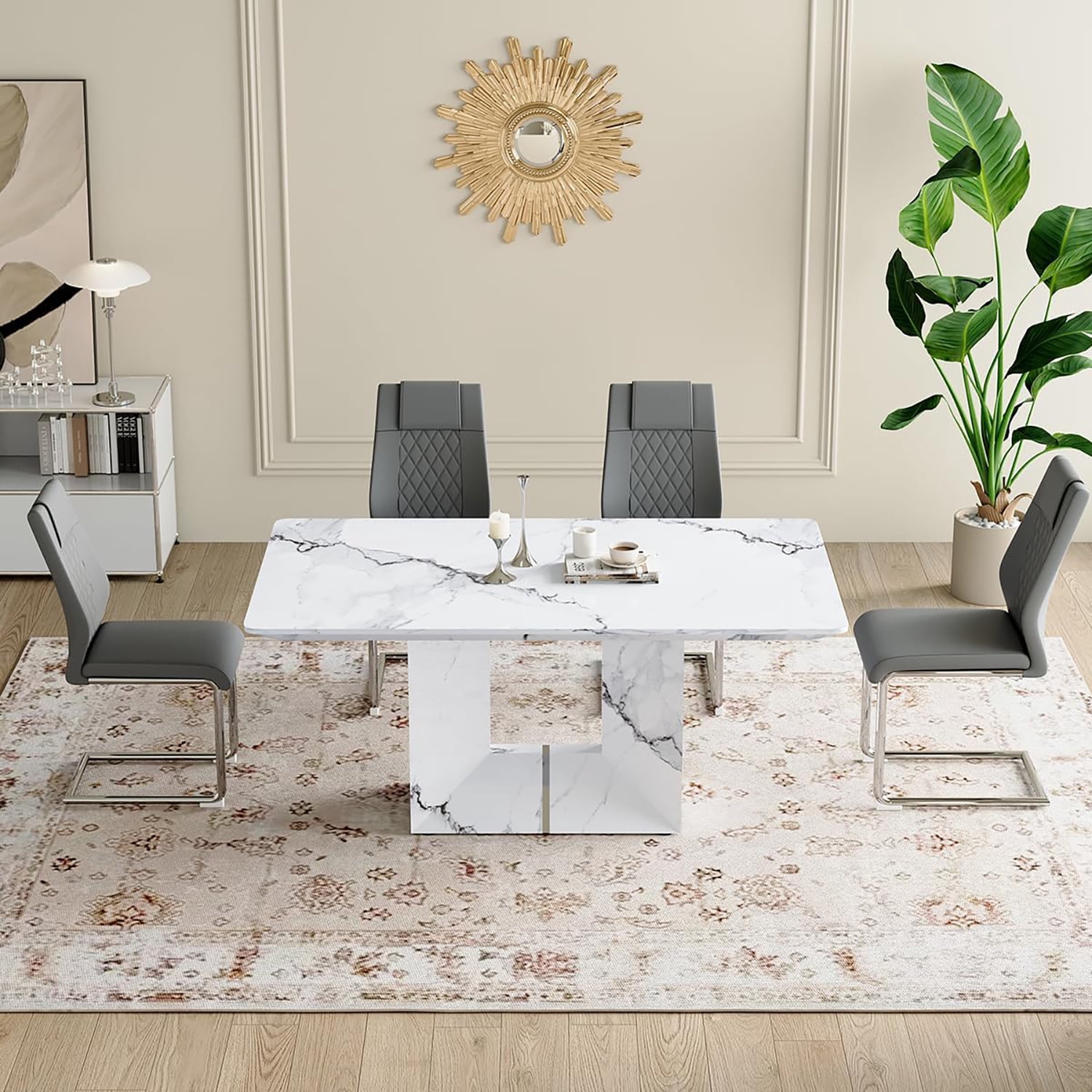 JUFU 5-Piece Dining Table Set – 63" White Faux Marble Dining Table with 4 Gray Upholstered Chairs and Chrome Metal Legs – Modern Dining Room Furniture for 4-6 People