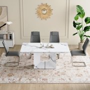 JUFU 5-Piece Dining Table Set – 63 White Faux Marble Dining Table with 4 Gray Upholstered Chairs and Chrome Metal Legs – Modern Dining Room Furniture for 4-6 People