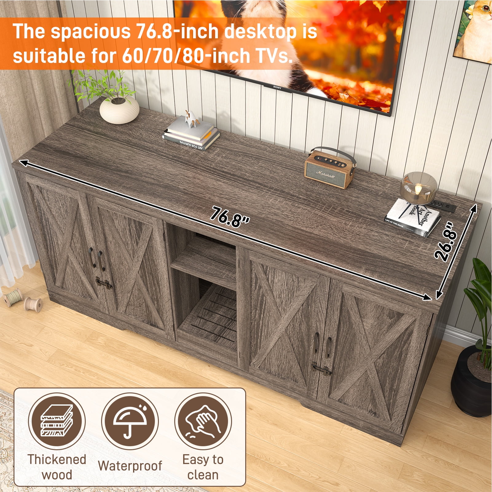 Blotout 77" Large Cat Litter Box Enclosure for 2 Cats with Power Outlets, Litter Box Furniture Hidden with Double Room, Wooden Cat Washroom Furniture with Lockable Door, Cats House, Grey