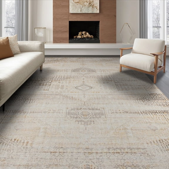 ODIKA 8'x10' Washable Area Rug Durable, Non-Slip Alfombra Boho Abstract Distressed Vintage Motifs Beige Para Sala for Living Room, Under Sectional, Family