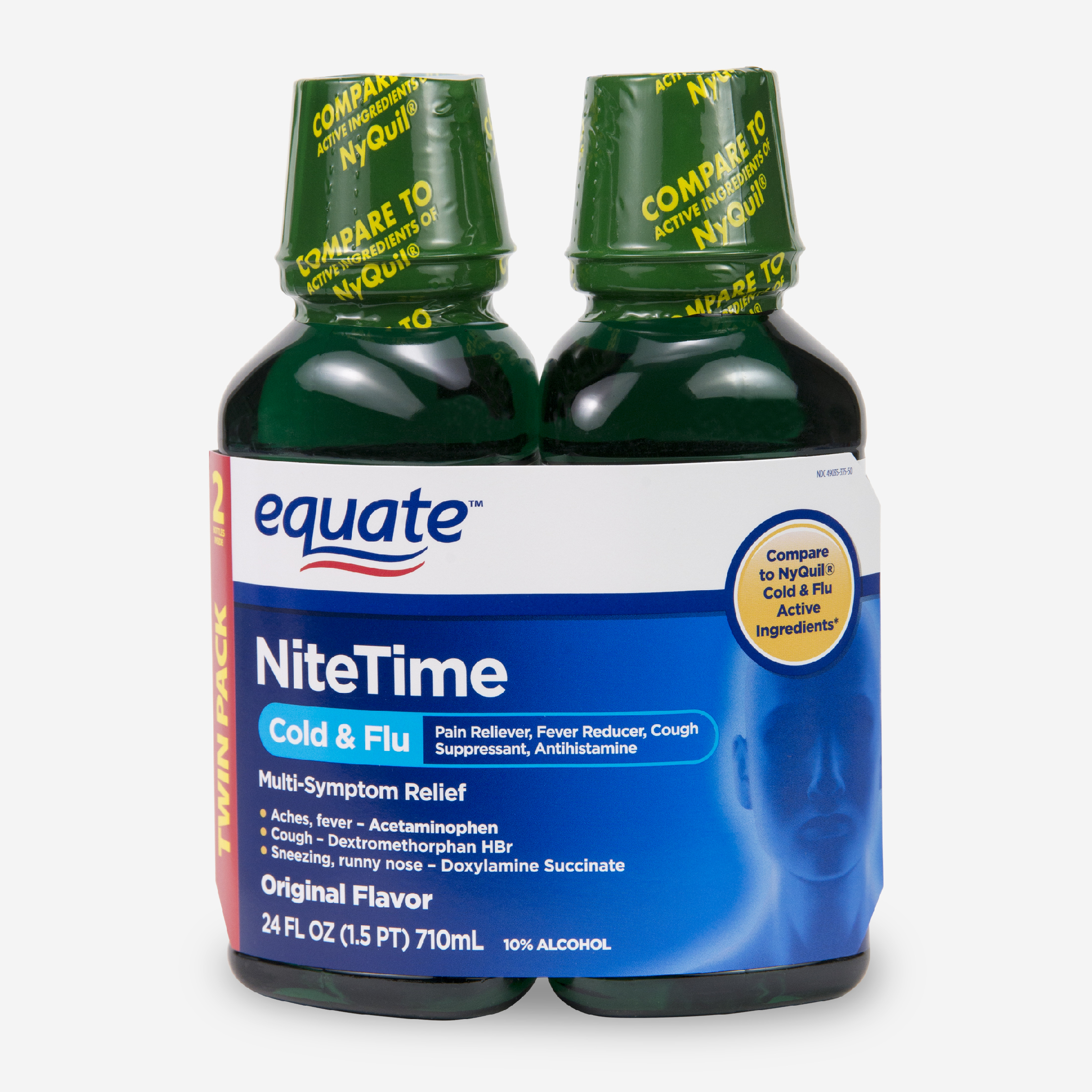 Equate Original Flavor NiteTime MultiSymptom Relief Cold & Flu Liquid Twin Pack, 24 fl oz, 2