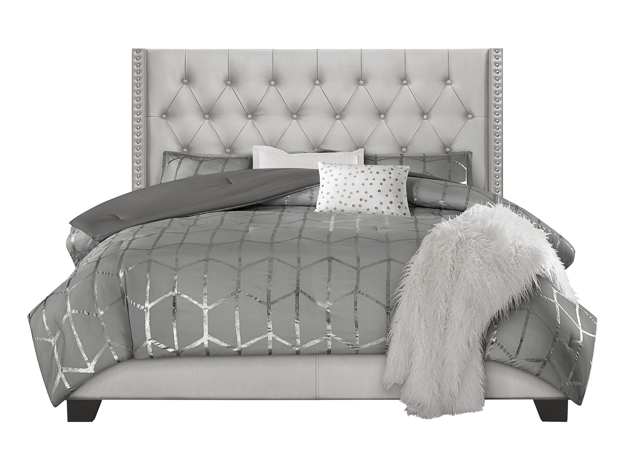 Home Design Brady Full Tufted Wingback Upholstered Panel Bed Frame, Silver Faux Leather