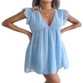 thumbnail image 3 of Femmes Casual Volant Manches V Cou Mini Robe d'Été en Vrac Flowy une Ligne Babydoll Robes Courtes Bleu Ciel L, 3 of 7