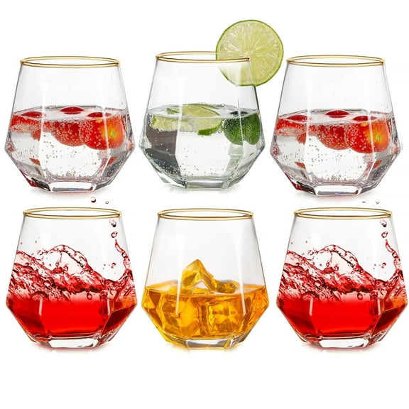 Nuptio 10oz Glasses Drinking Set of 6, Gold Rim Diamond Whiskey Cocktail Glasses Cups sets ,Kitchen Water Glasses Cup, Bar Glasses Set for Beer, Juice, Cocktail, Whiskey, Milk