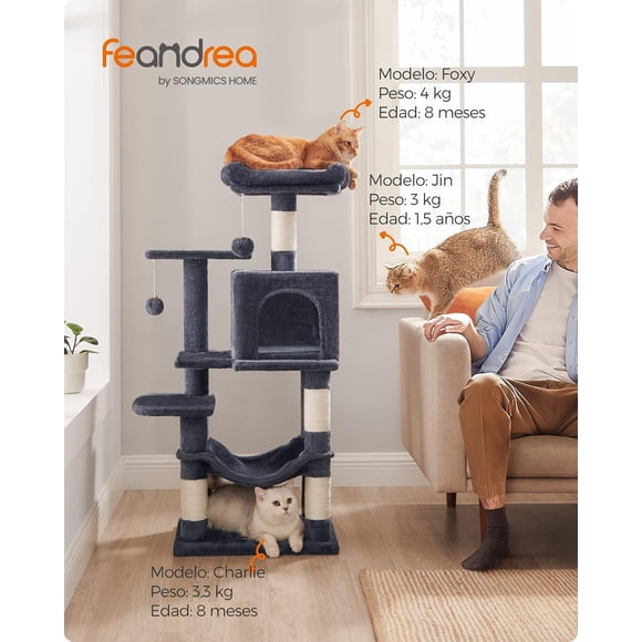 Feandrea Árbol para Gatos, Torre de Gatos, Altura 112 cm, 4 Postes, 2 Plataformas, 1 Cueva, 1 Hamaca, 2 Pompones, Gris Ahumado