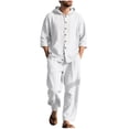 thumbnail image 2 of Hrsba Men 2 Piece Outfits Set, Solid Color Linen Button Hooded Pocket Long Sleeve Shirt and Pants Summer Beach Set, 2 of 5