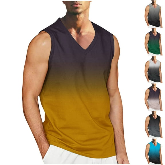 HAOTAGS Athletic Tank Tops for Men, Prints V-Neck Breathable Sporty Tank Tops Yellow 2XL