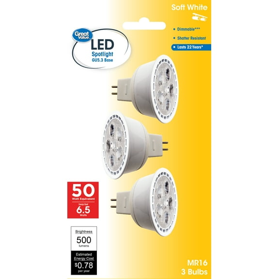 Great Value LED Light Bulb, 5 Watts (35W Equivalent) MR16 Lamp GU5.3 Base, Dimmable, Soft White, 3-Pack