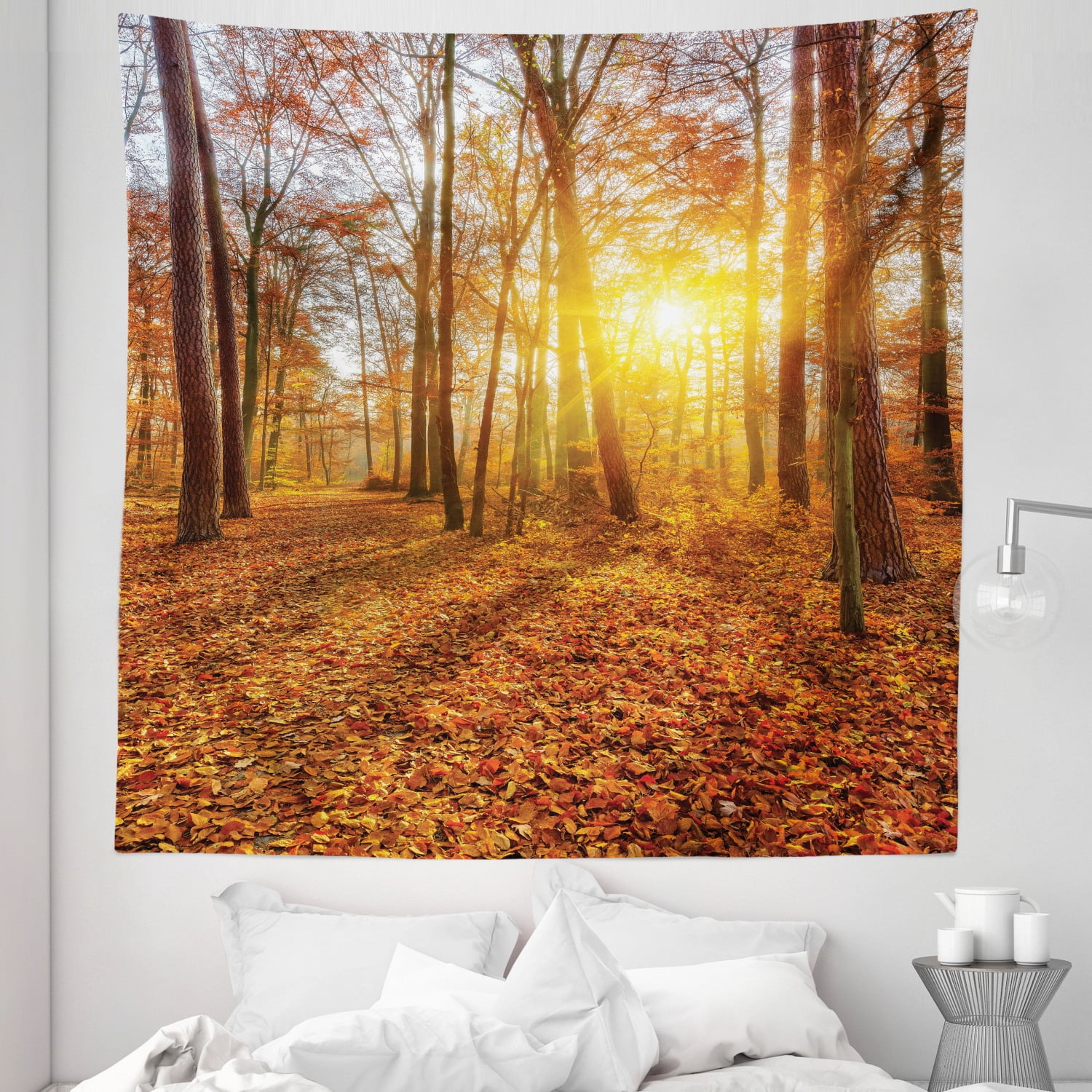 Nature Tapestry, Foggy Sunset Vibrant Sunbeams Rural Country Woodland in Fall  Scenery Image, Fabric Wall Hanging Decor for Bedroom Living Room Dorm,  Sizes, Orange Brown Yellow, by Ambesonne