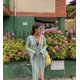 thumbnail image 1 of Vestido largo de rayas coloridas de ganchillo para mujer, Vestidos largos sexys con manga acampanada y cuello en V y abertura alta, novedad de otoño 2023, 1 of 5