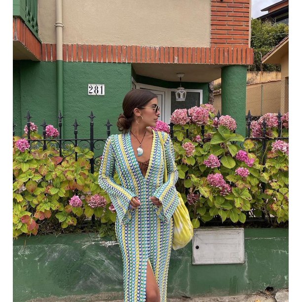Vestido largo de rayas coloridas de ganchillo para mujer, Vestidos largos sexys con manga acampanada y cuello en V y abertura alta, novedad de otoño 2023