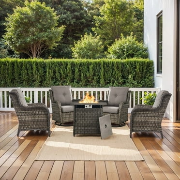 Gymojoy 5 Pieces Outdoor Patio Furniture Set with Fire Pit Table,Outside FirePit Conversation Set with PE Wicker Swivel Rocking Chairs and Coffee Table,Gray