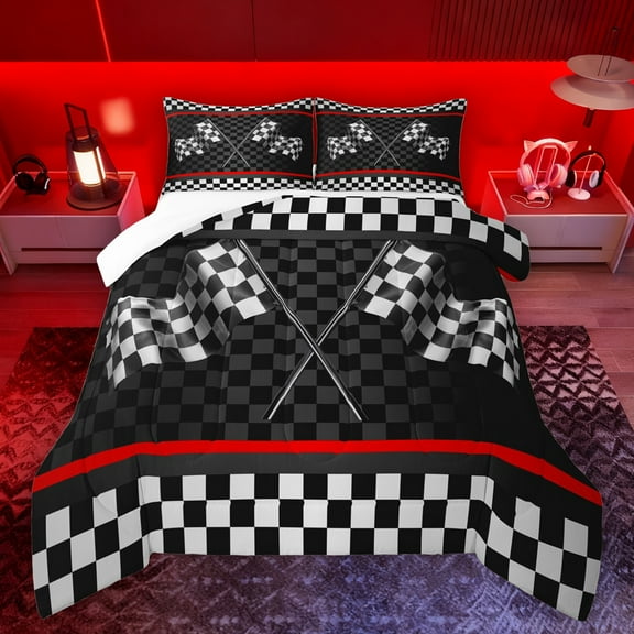 Manfei Racing Flag Bedding Comforter Set,Speed Sport Twin Comforter Sets,White Black Plaid Bedding Set For Boys Teens,Super Cozy Room Decor,2 Pieces