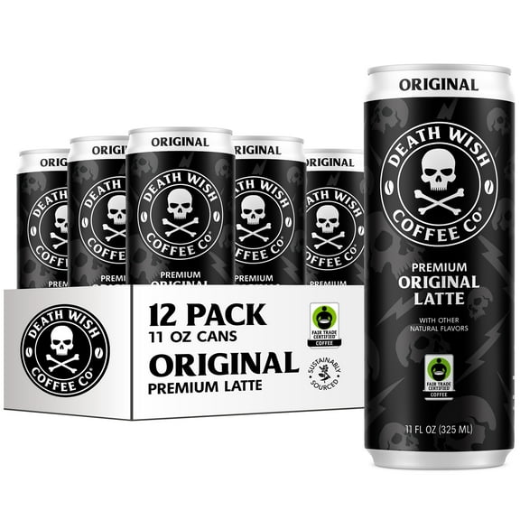 Death Wish Coffee Co., Premium Original Latte, 100% Colombian Cold Brew Fair Trade™ Coffee, 11 fl oz Can, 12-pack