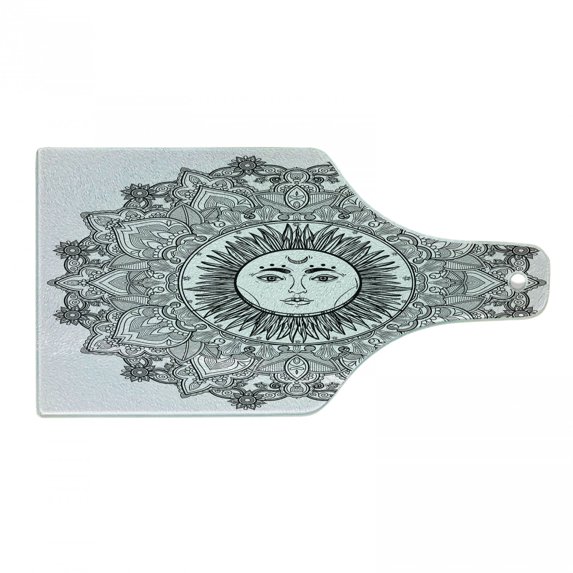 Mandala Cutting Board, Sun Illustration Yantra Mandala Floral Pattern Bohemian, Decorative Tempered Glass Cutting and Serving Board, Wine Bottle Shape, White and Black, by Ambesonne