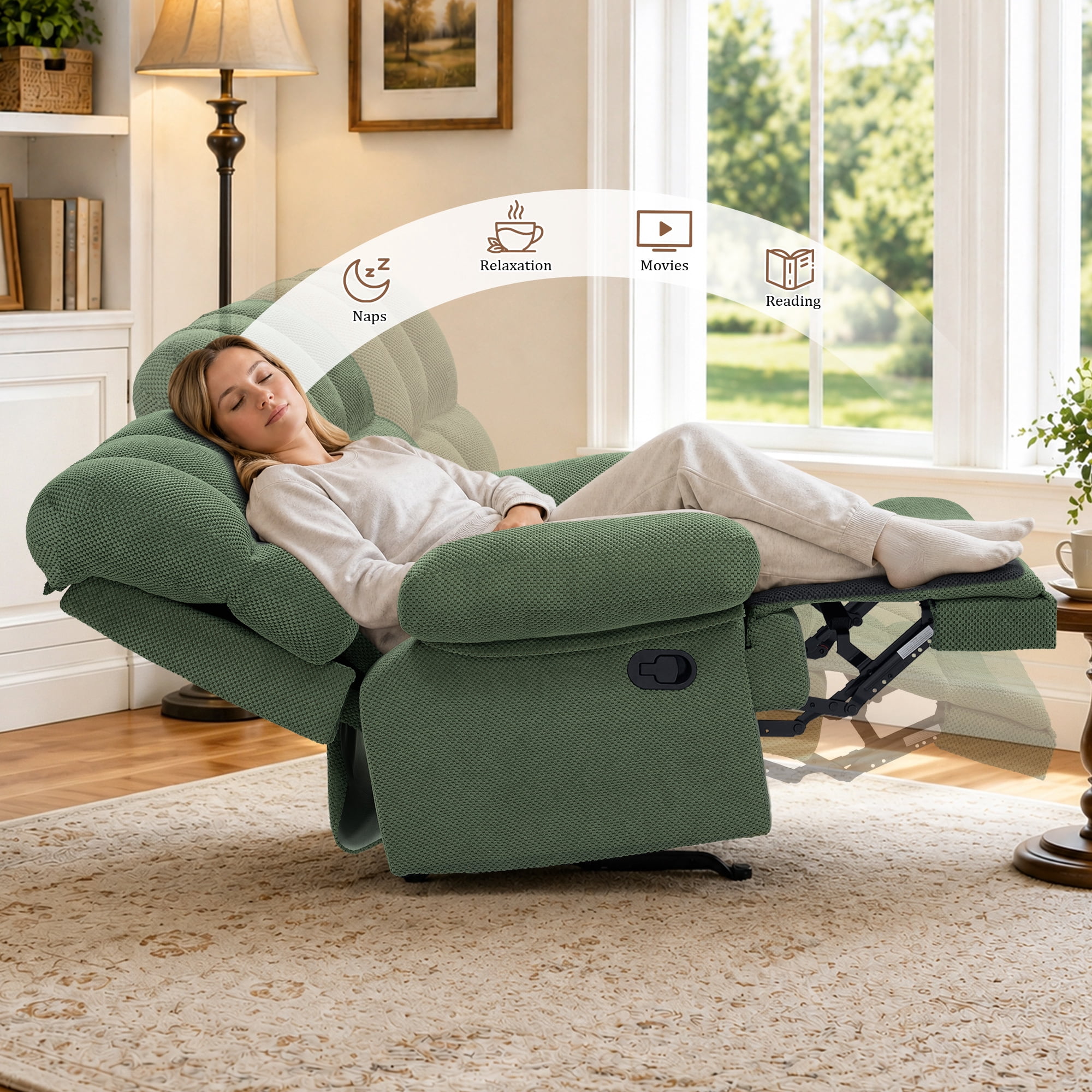 Lunale Manual Rocker Recliner for Home/Office, Adults Fabric Reclining Lounge Chair with Footrest, Green Polyester