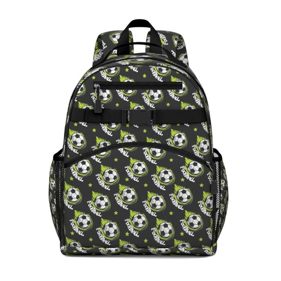 Black Soccer Balls with Green Elements Pattern Backpack for School,Cute School Bag,Schoolbag with Adjustable Shoulder Straps & Padded Back,15.25"x11.5"x5.25"