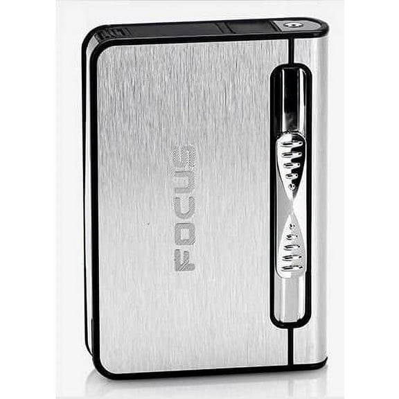 Focus Cigarette Case Dispenser with Butane Jet Torch Lighter (Holds 10) SILVER