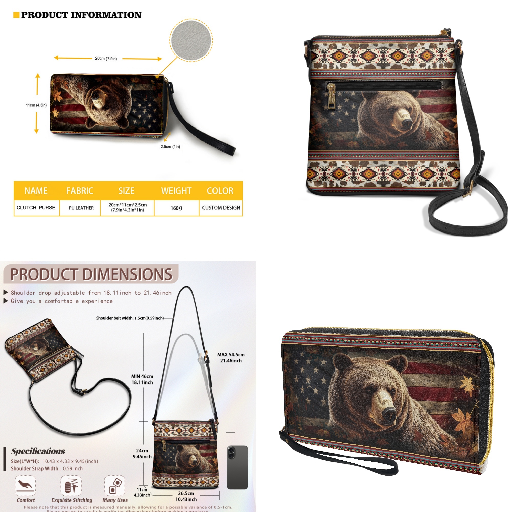 ZUXONGSY Aztec Vintage Bear American Flag Print Ladies Hobo Shoulder Bag Set with Matching Wallet - Waterproof PU Leather Satchel Purse and Wallet for Shopping Work Business Travel Vacation