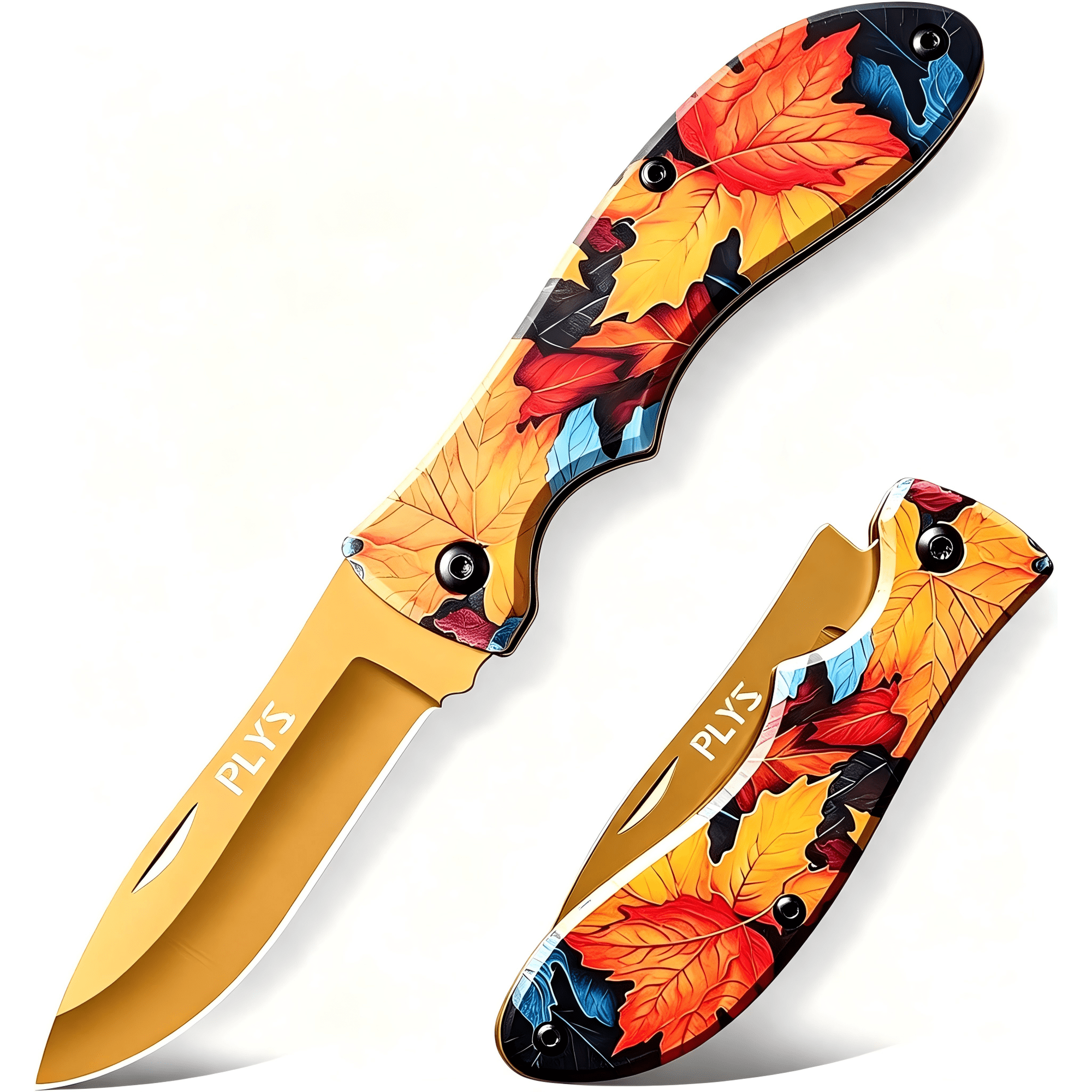 Plys Pocket Knife Folding Knife with Yellow Maple Leaf Stainless Steel Sharp Blade for Outdoor Survival & EDC