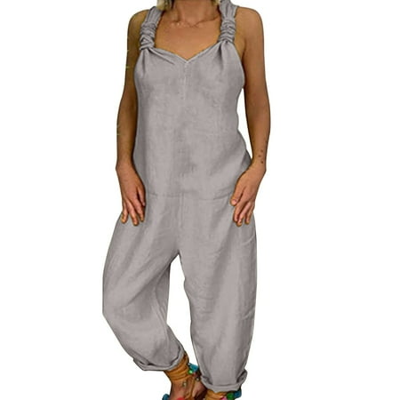 

Yuwegr Jumpsuits For Women Dressy Casual Jumpsuit Sleeveless V-neck Loose Summer Rompers Stretchy Bodysuit Grey M