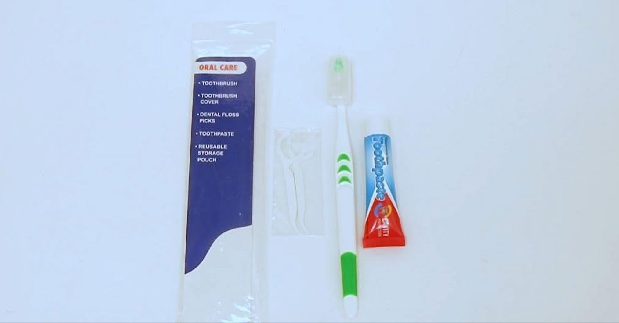 100 Pack of Bulk Wholesale 5 Piece Travel Size Oral Hygiene Dental Kits Containing Toothbrush, Toothpaste, Toothbrush Cover, Dental Floss Picks and Reusable Pouch Each for Homeless & Charity Donation
