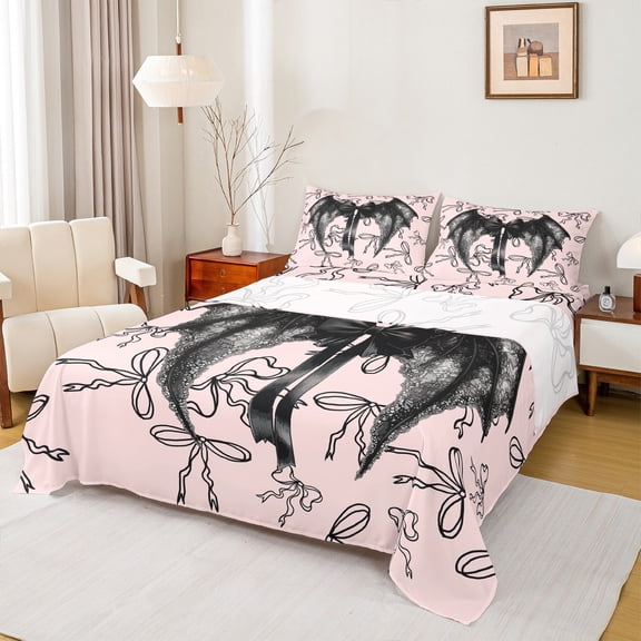 Feelyou Gothic Dreamy Angel Twin Sheet Sets for Kids, Cute Ribbon Bow-tie Twin Fitted Sheet, Kawaii Pink Cartoon Flat Sheet, Lightweight Room Decor, 3pcs