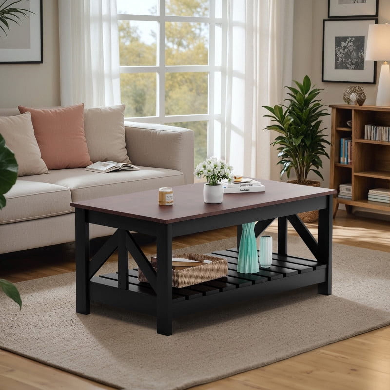 Homall 39" 2-Tier Farmhouse Coffee Table Wood Center Table with Storage Shelf for Living Room, Brown & Black