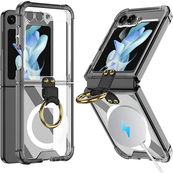 Compatible Samsung Galaxy Z Flip 5 Case with Ring,(Clear Black) Samsung Flip 5 Case Magnetic Wireless Charging Heavy Duty Slim Shockproof Protective Phone Case for Galaxy Z Flip 5 5G Cases Clear