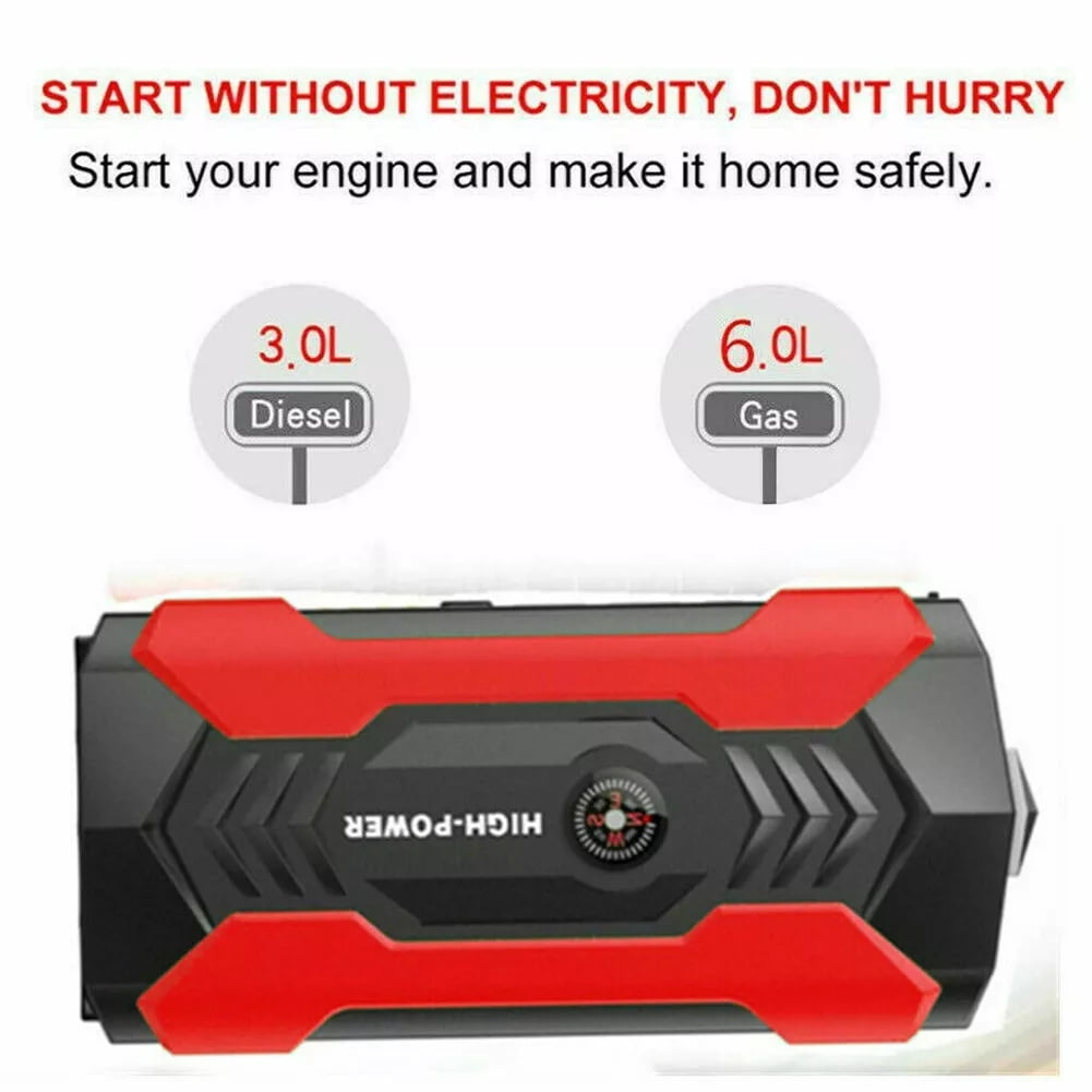 99800mAh Portable Car Jump Starter with 4 USB Outputs, 12V 6.0L Gas & 3.0L Diesel Engine Support, Power Bank, Battery Charger, LED Light, Fast Charging - Red