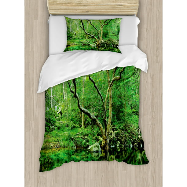 Green Duvet Cover Set Twin Size Forest, Nature Themed Bedding Sets