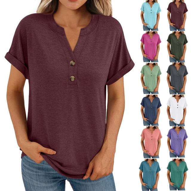 Camisas de vestir para mujer,Camisa informal de manga corta con cuello en V y botones para mujer, poliéster, corte holgado, uso diario, sopatenor