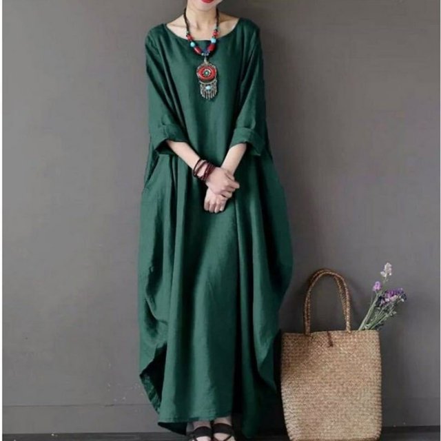 CHOK Robe Maxi d'Été en Coton et Lin à Manches Courtes pour Femmes, Grande Taille, Décontractée, Col Rond, Ample, Longue