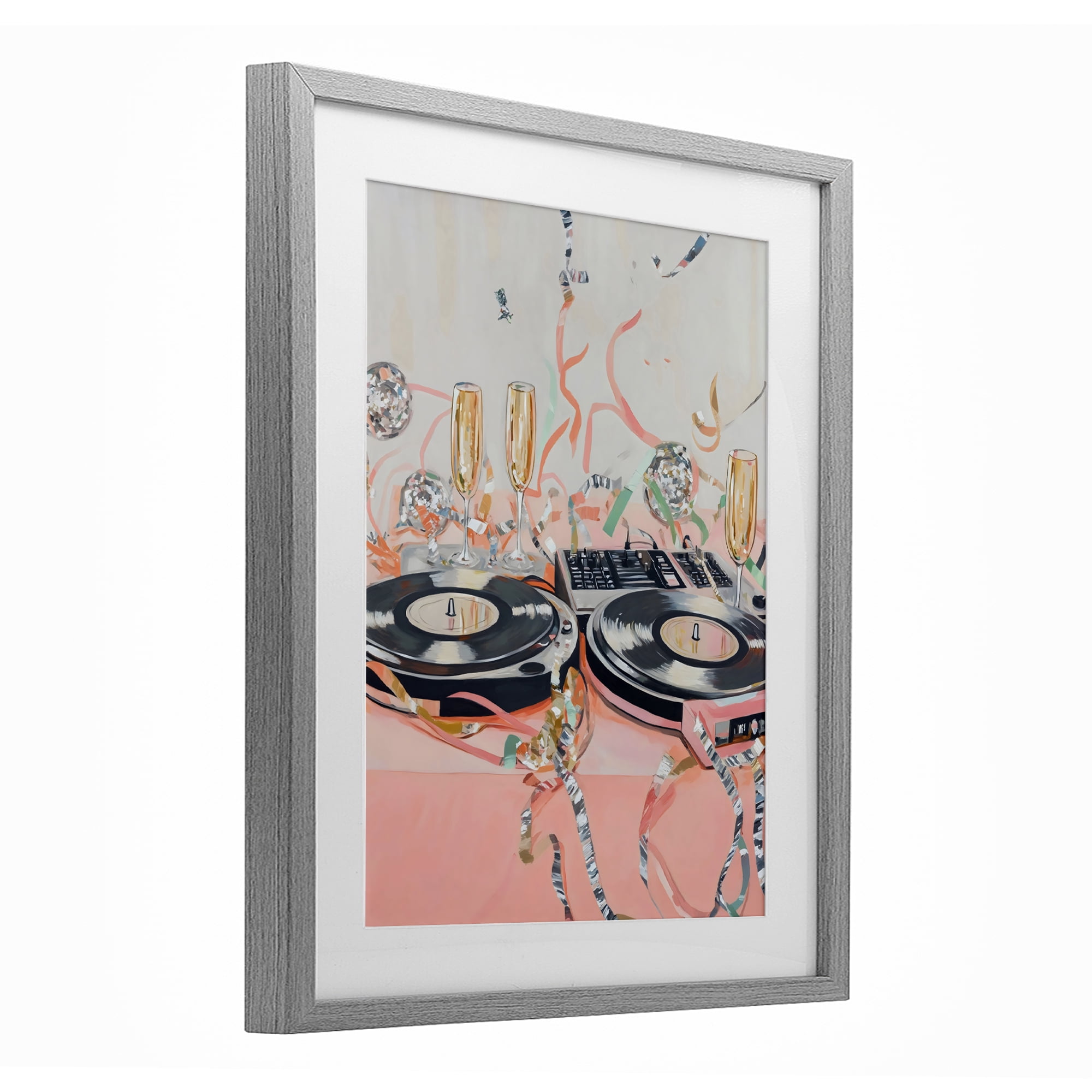 Stupell Industries Retro Turntable & Champagne Party Gray Framed Print Under Glass, design by The Prints Vibe