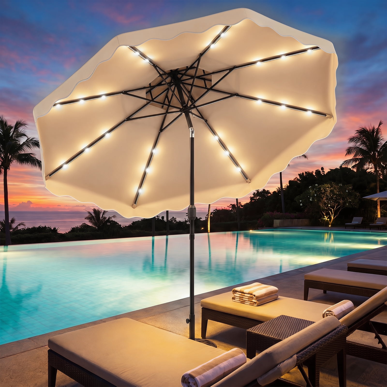 Costway 10 FT Solar LED Patio Umbrella, Push-Button Tilt & Crank, 24 LED Lights & 8 Ribs Beige