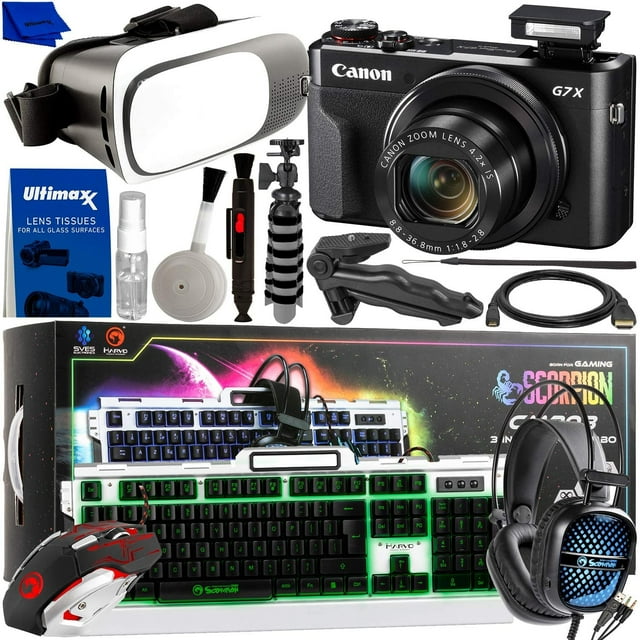Canon PowerShot G7 X Mark II Appareil Photo Numérique avec Marvo CM303 Scorpion Combo Gaming Rétroéclairé 3-en-1 & Bundle de Streaming de Luxe: - Inclut: Clavier, Souris, Casque, Lunettes VR, et Bien Plus