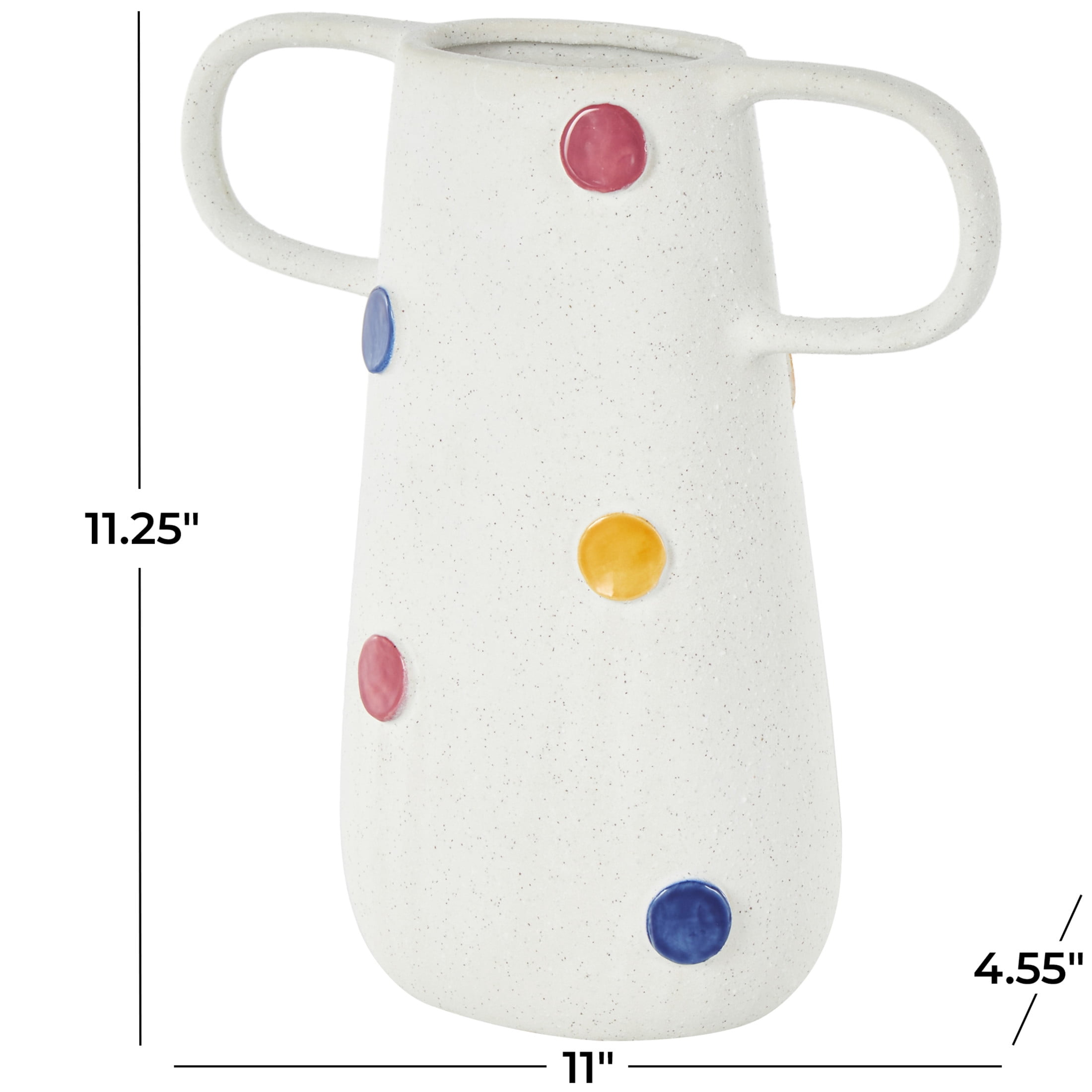 DecMode 11" Round White Ceramic Vase with Multicolor Spots and Handles