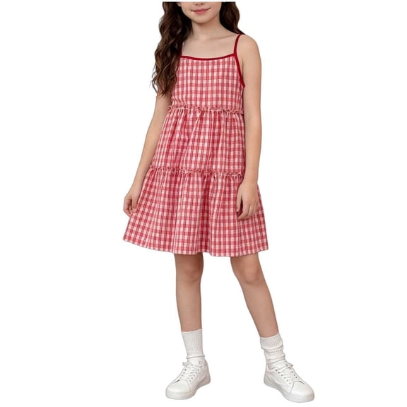 Ashirexll Dresses for Girls Fashion Sleeveless Solid Color Round Neck Summer Casual A-Line Skirt Dress for Preteen Kids