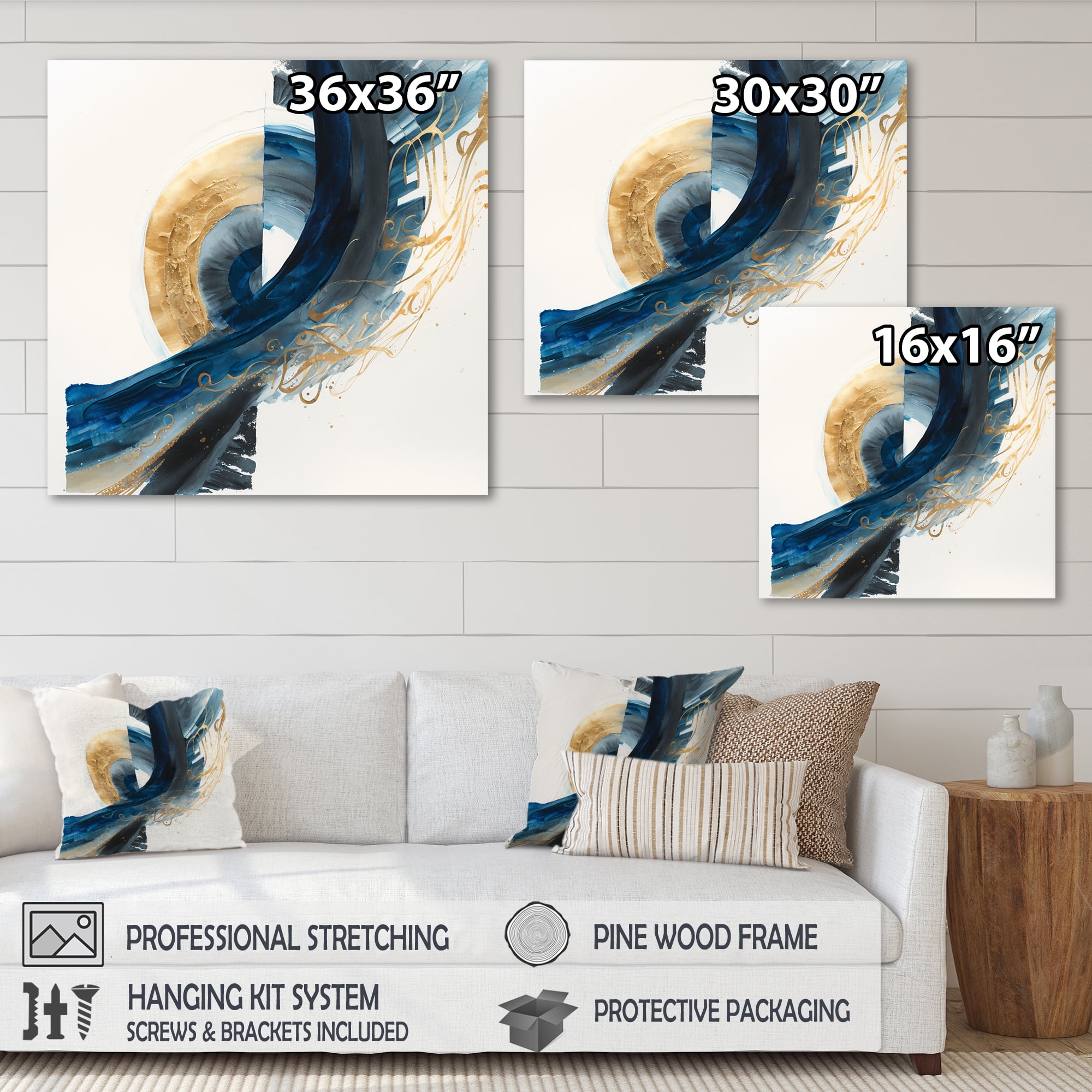 Designart Blue And Gold Swirl Abstract VI Canvas Wall Art