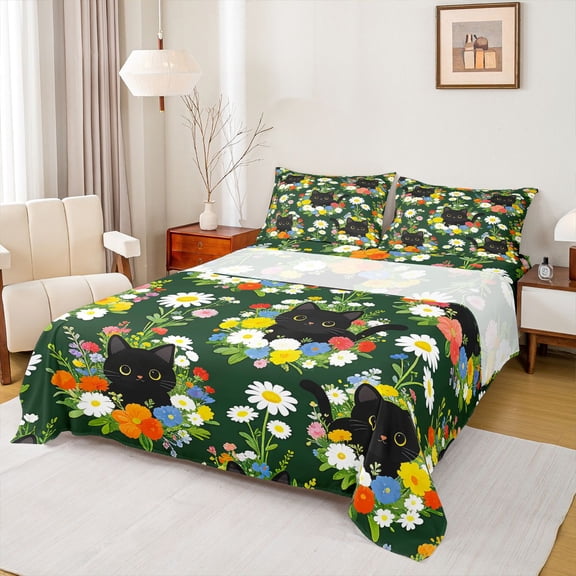 jejeloiu Colorful Wildflower Garden Full Size Sheets Kids,Watercolor Floral Black Cat Bed Sheets For Girls,4pcs