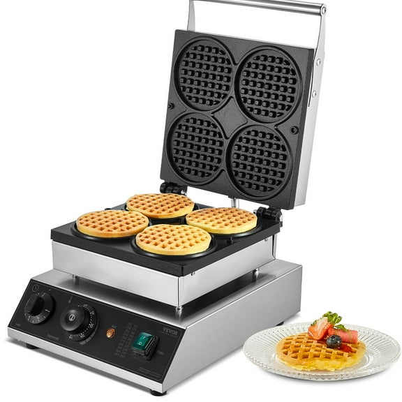 Commercial Waffle Maker 1750W Non Stick Stainless Steel Belgian Waffle Iron with Temperature Time Control 4 Round Waffle Baker Machine for Restaurant Bakery Snack Bar Family