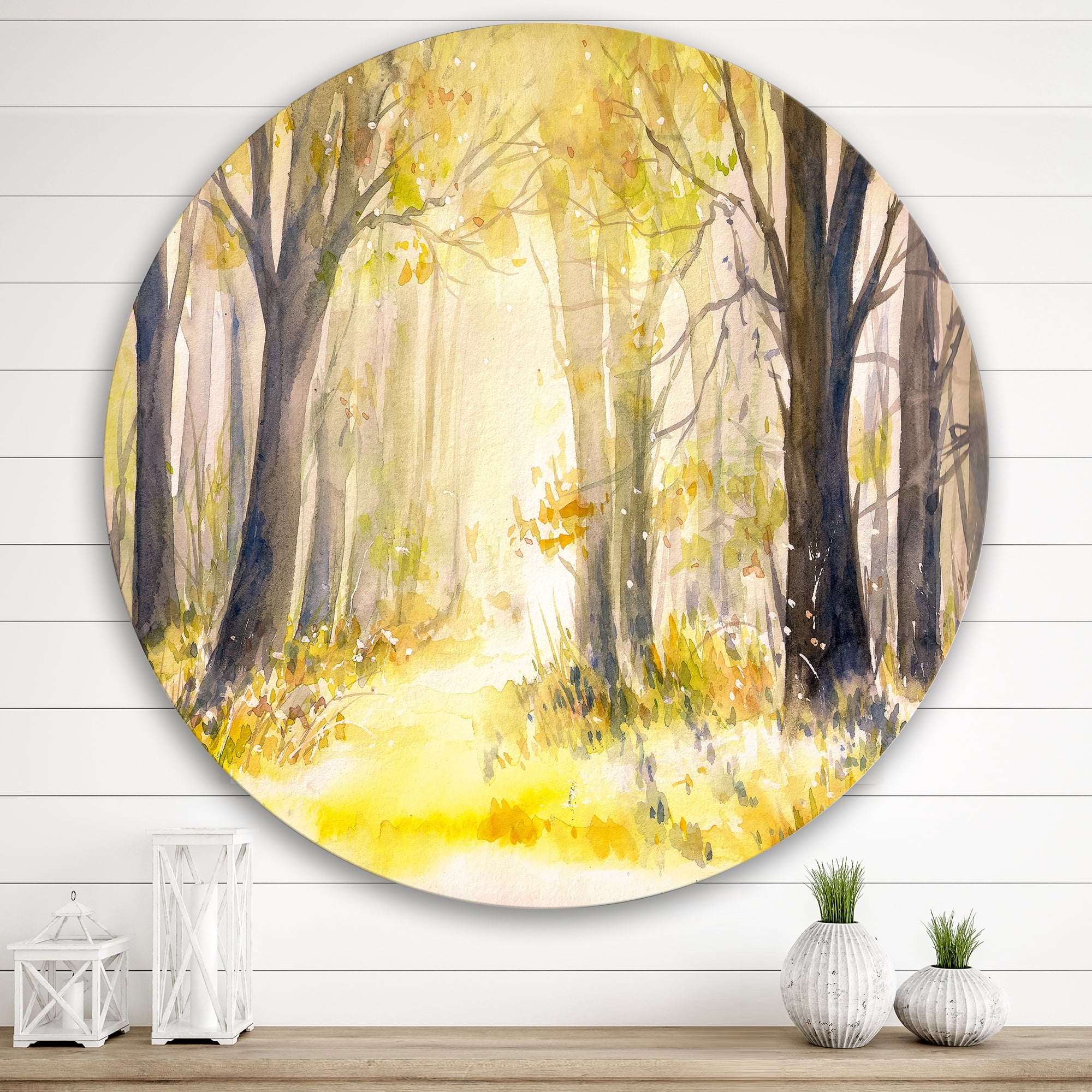 Designart 'Bright Sunshine Through The Yellow Forest Trees I' Traditional Circle Metal Wall Art 29x29 - Disc of 29