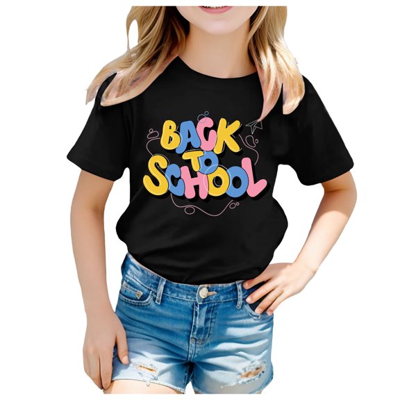 Toddler Girls Tank Tops Summer School Breathable Casual Loose Fit Cartoon Print Short Sleeve Crew Neck T Shirt Black Undershirt Clothing 3-4 T