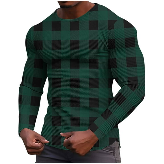 USNSM Men's Waffle Long Sleeve Plaid Shirts, Crew Neck Thermal Underwear Tops Loose Casual Pullover T-shirt Sports Knit Undershirts Green XL