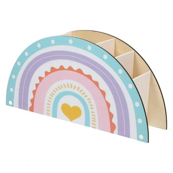 Yammee Wood Pencil Cup Rainbow Shape Pen Stand Desk Pencil Organizers 5 Compartments