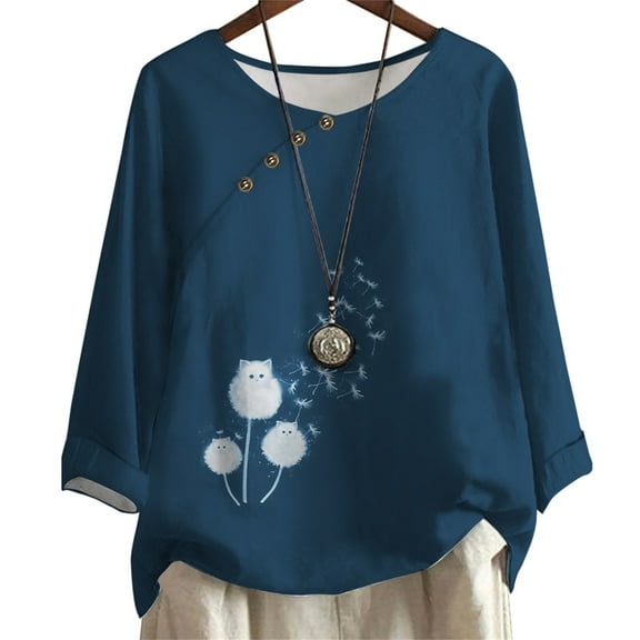 CLOOCL Women T-shirt Dark Blue Tee Dandelion Pattern Printed Long Sleeve Loose Blouse Plus Size Tops