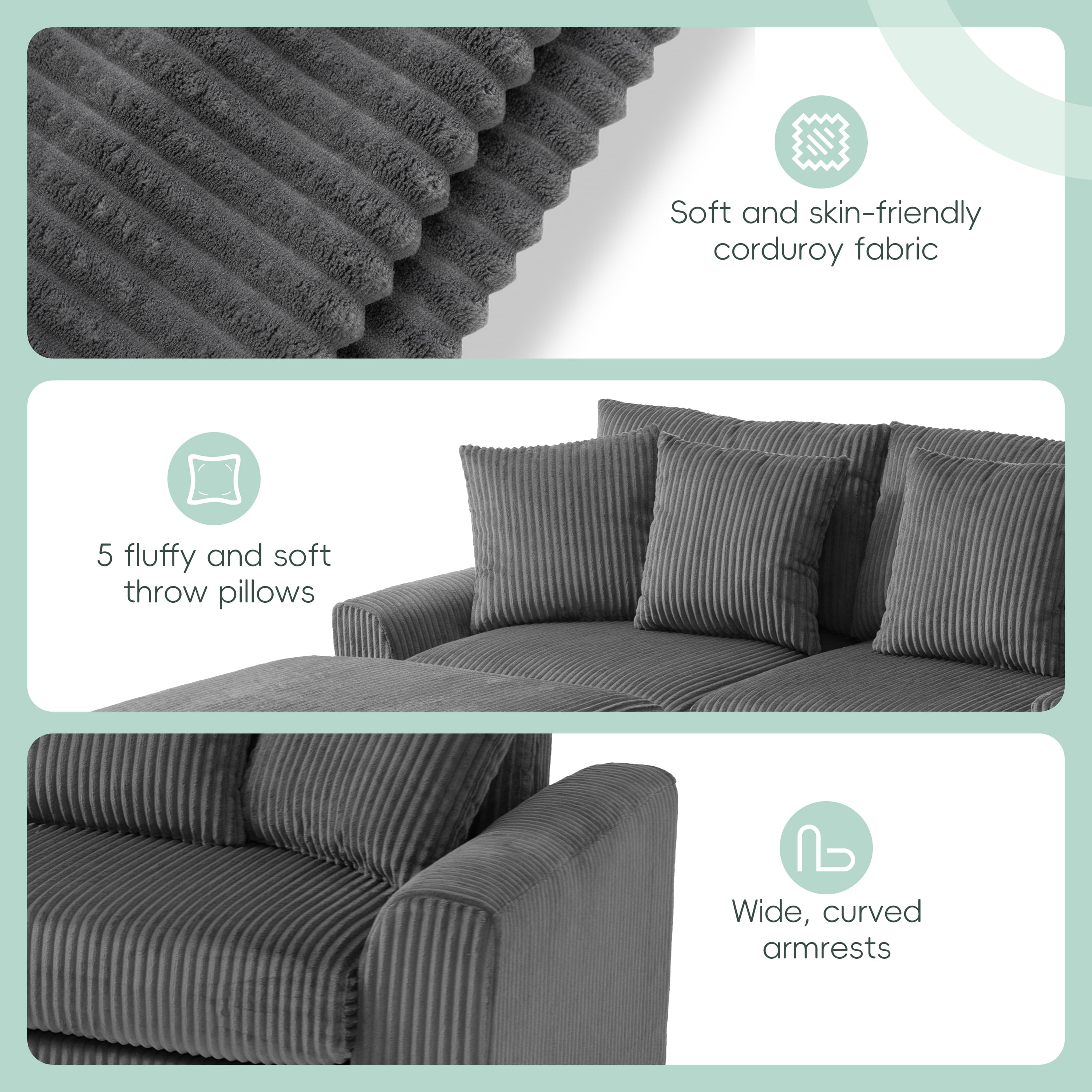 Sectional Sofa, Modular Sofa, L-Shape Couch, Corduroy Sofa with Console, Integrated Audio and Movable Ottoman, Dark Gray