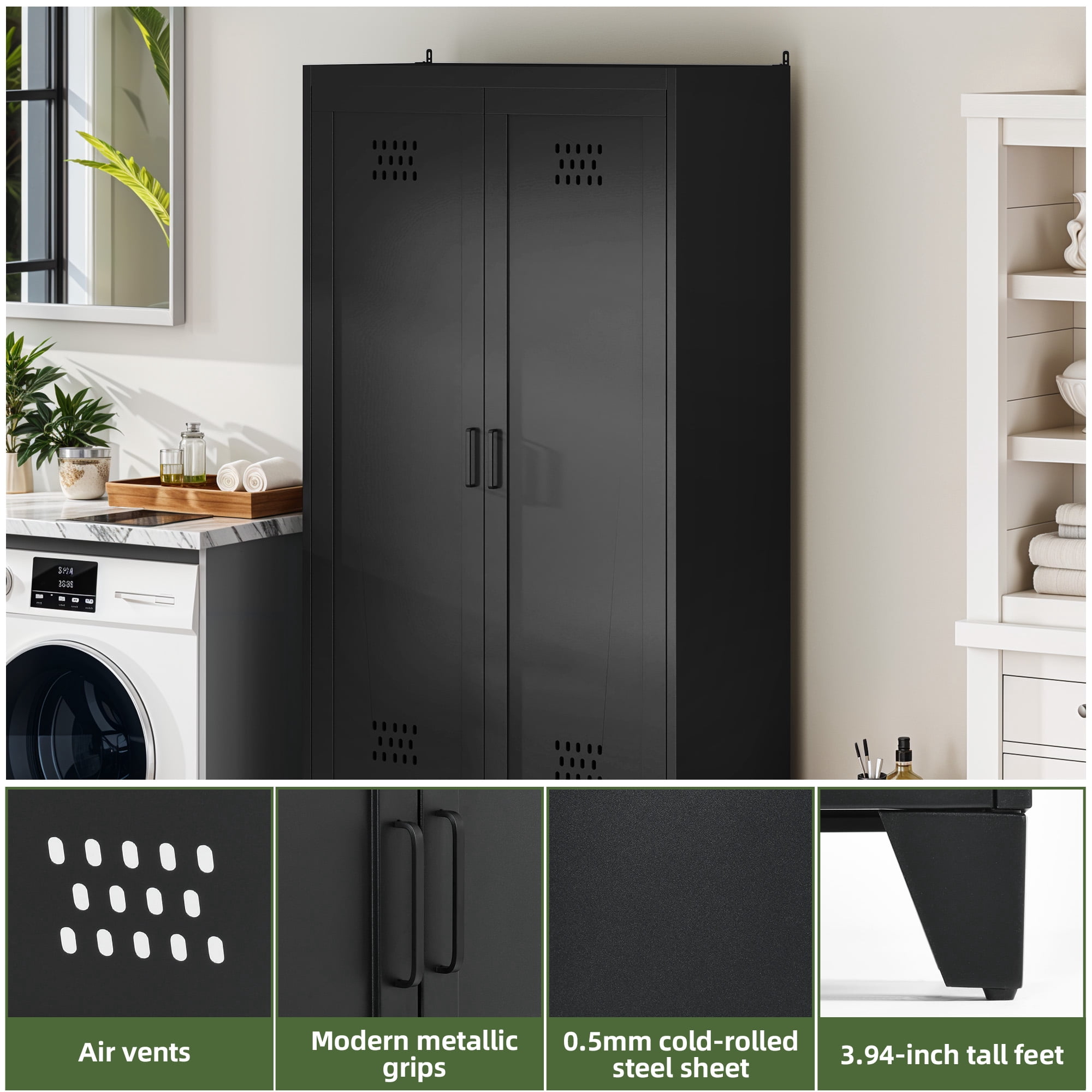 Uforic 70.9" Garage Storage Cabinet with Doors & Shelves, Metal Cabinet with Lights, Black