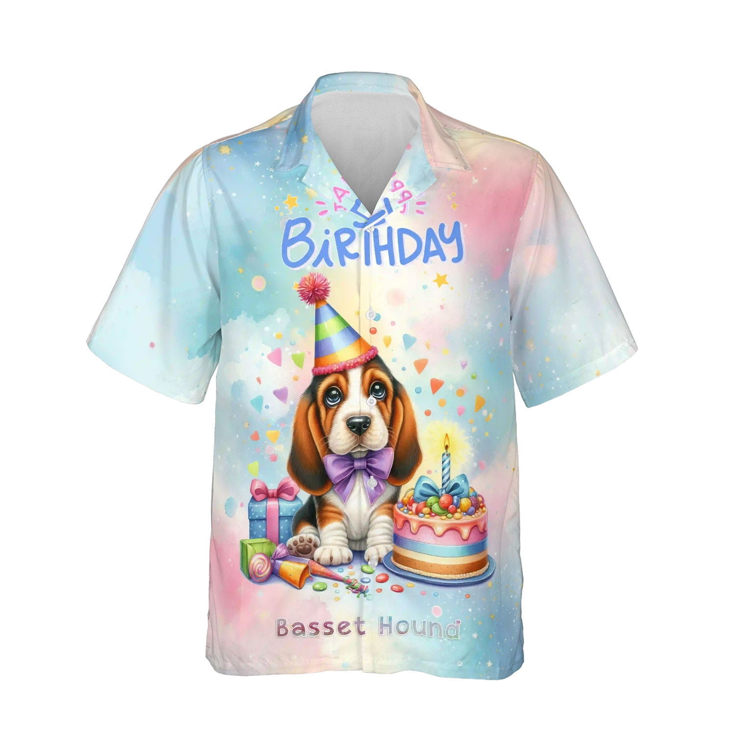 Happy Birthday Cute Puppy Basset Hound with Cake Gifts Party Hat Hawaiian Shirt Breathable Summer Unisex Merch Bassets Dog Breed Lovers Gifts Idea - 00029