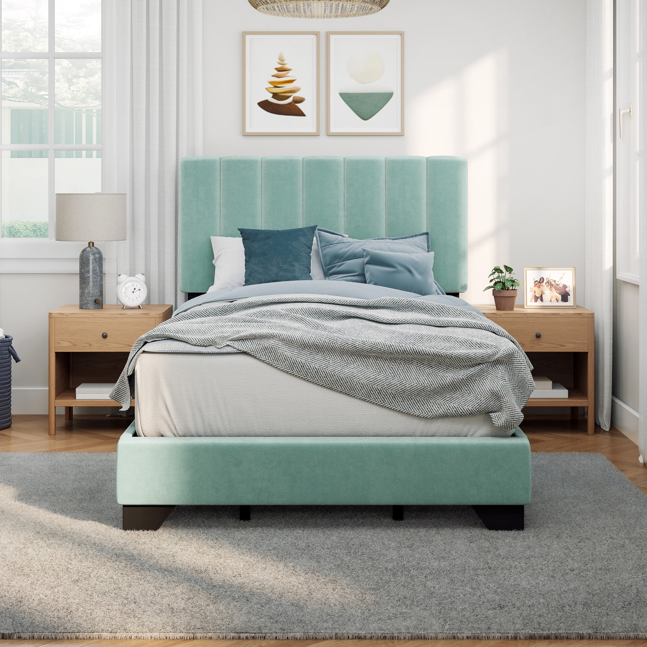 Reece Channel Stitched Upholstered Full Bed, Caribbean Green, by Hillsdale Living Essentials